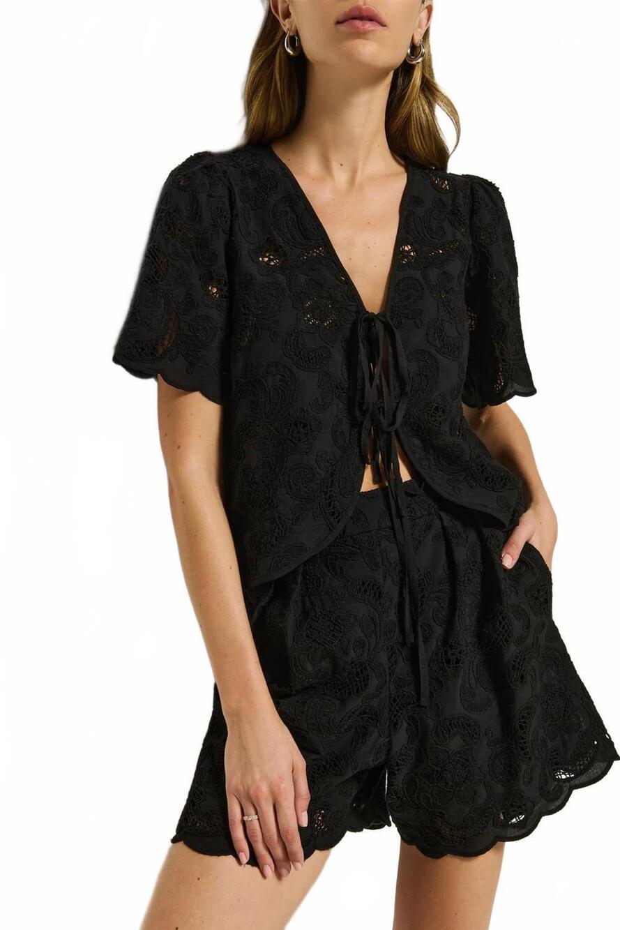 NEW NATION LTD rosalyn tie front top in jet black
